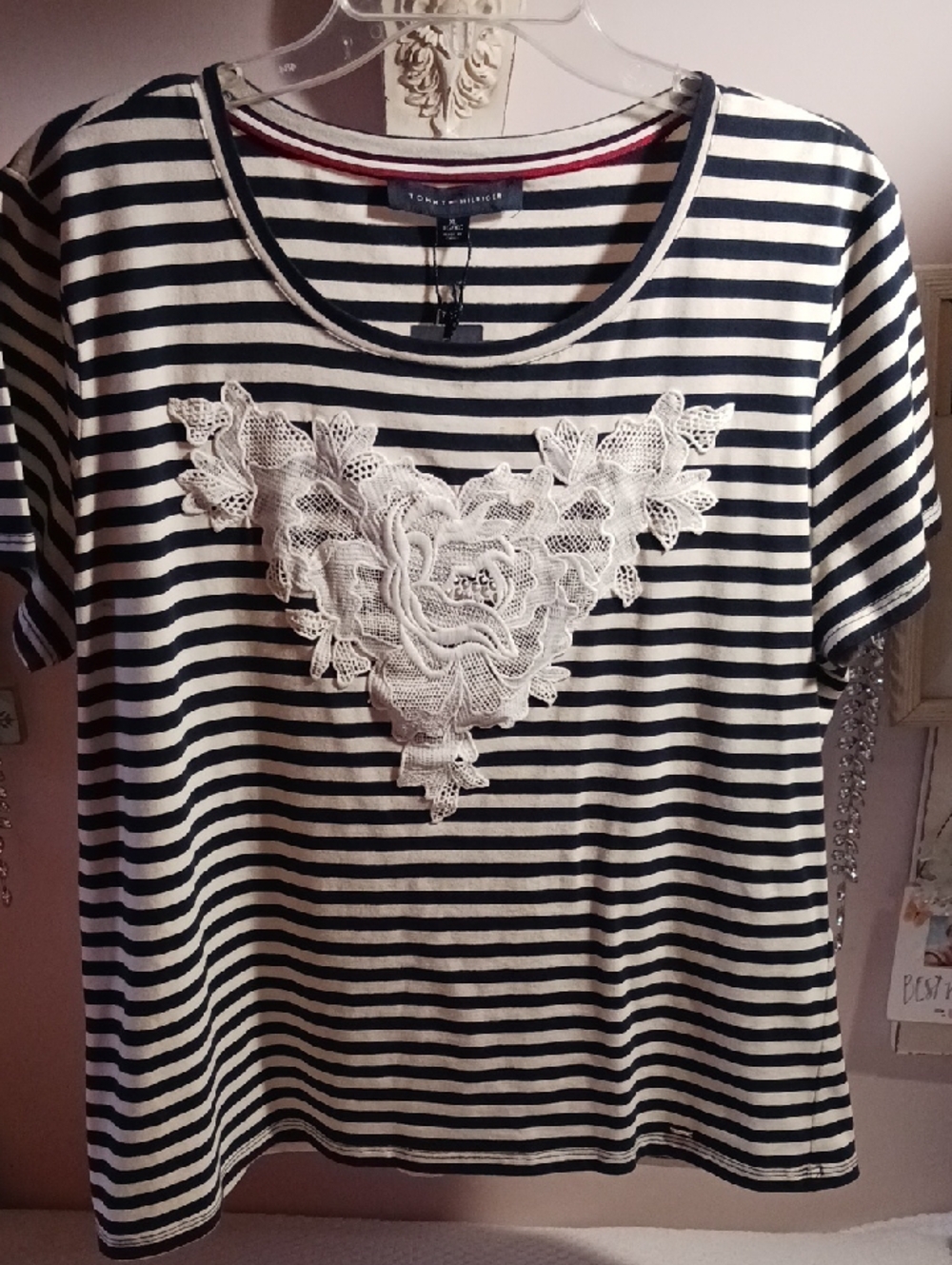 Tommy Hilfiger Navy & White Striped Tee with Lace Appliqué 💐